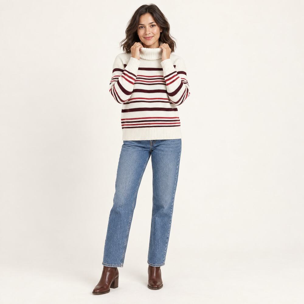 Madewell Sweater WMNS XS Ivory Striped Turtleneck Ribbed Cotton Après-Ski
